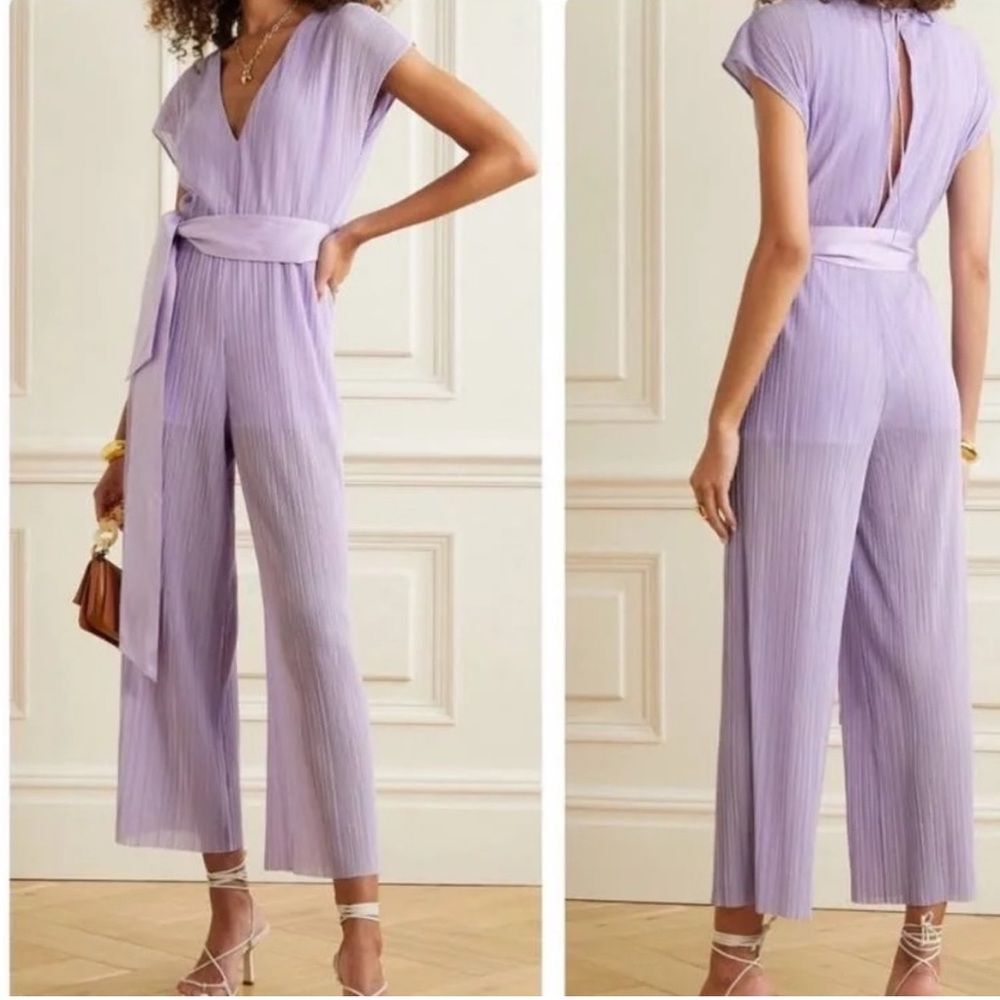 Alice + Olivia Mitsue Plissé Jumpsuit 2 Lilac Pleated Wide Leg Belted